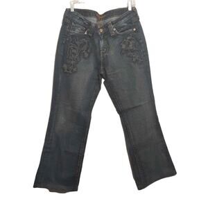 HIPPIE womens jeans 30x28 blue green bootcut embroidered 100% cotton denim boho